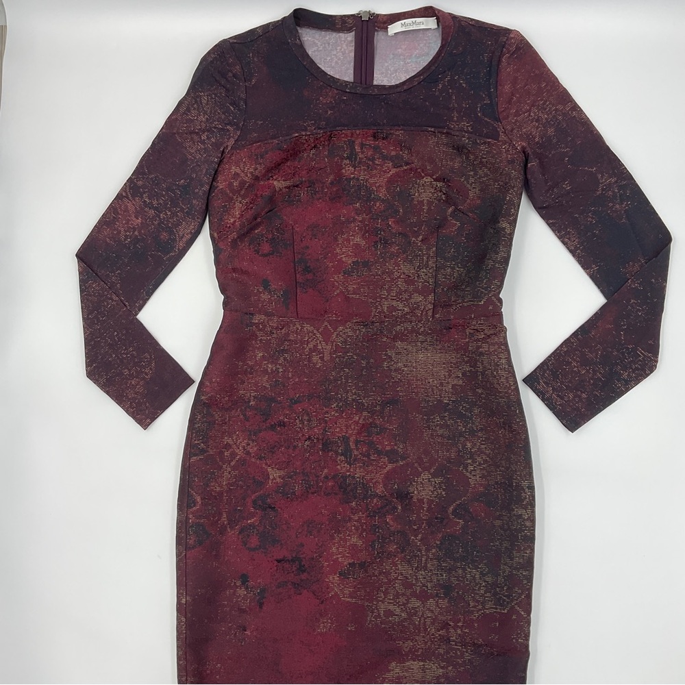 Max Mara Varna NWOT Jacquard Print Bordeaux Sheath Dress As Seen On TV 36 / US 2 - Picture 7 of 16